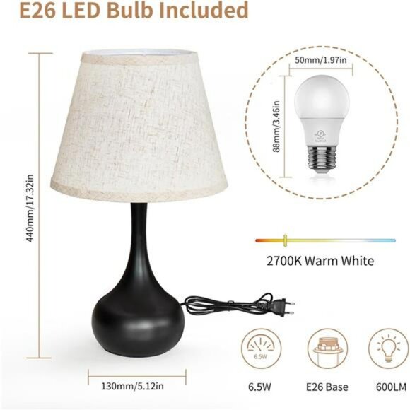 Touch Control Bedside Lamp 3 Way Dimmable Table Lamp with Shade for Bedroom - Picture 6 of 7